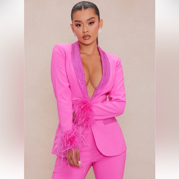 Clarissa Embellished Feather Blazer Suit Set - Hot Pink - Picture 2 of 5